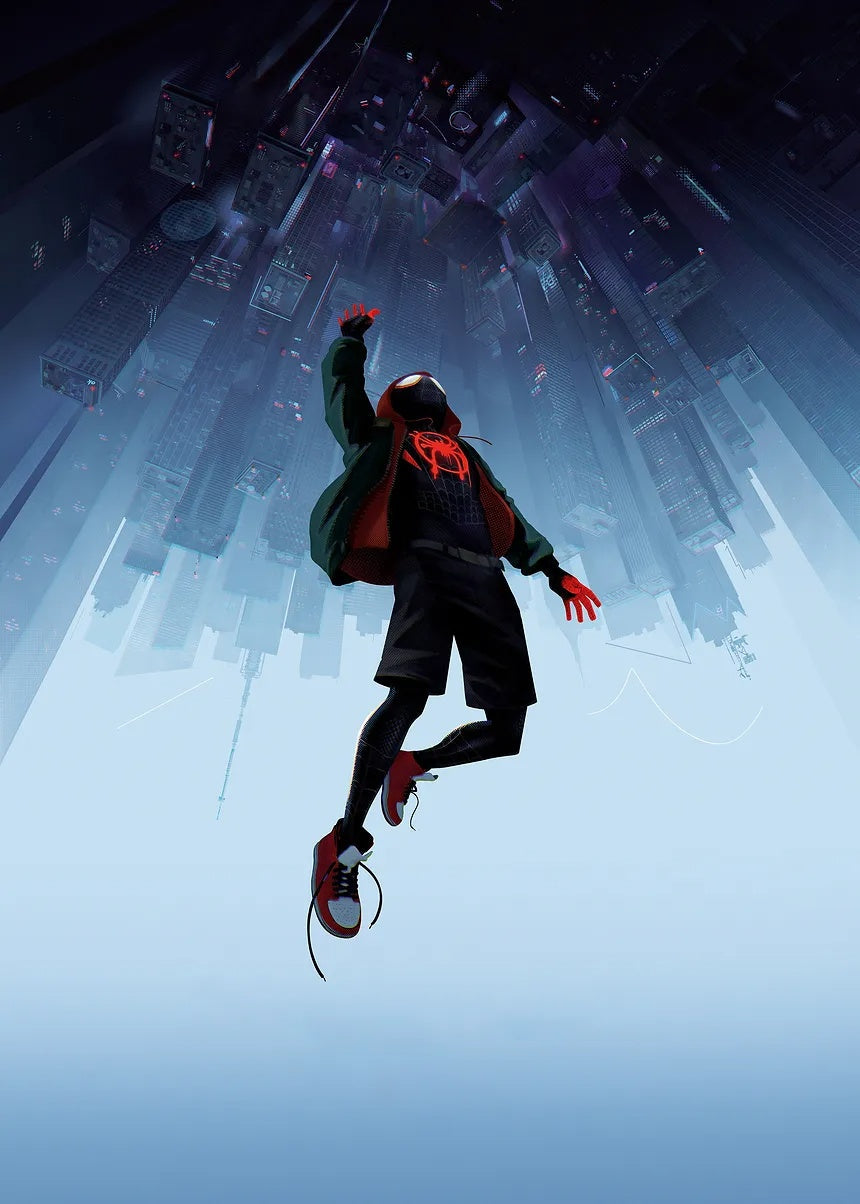 Into the Spider Verse Miles Upside Down City metal poster artwork